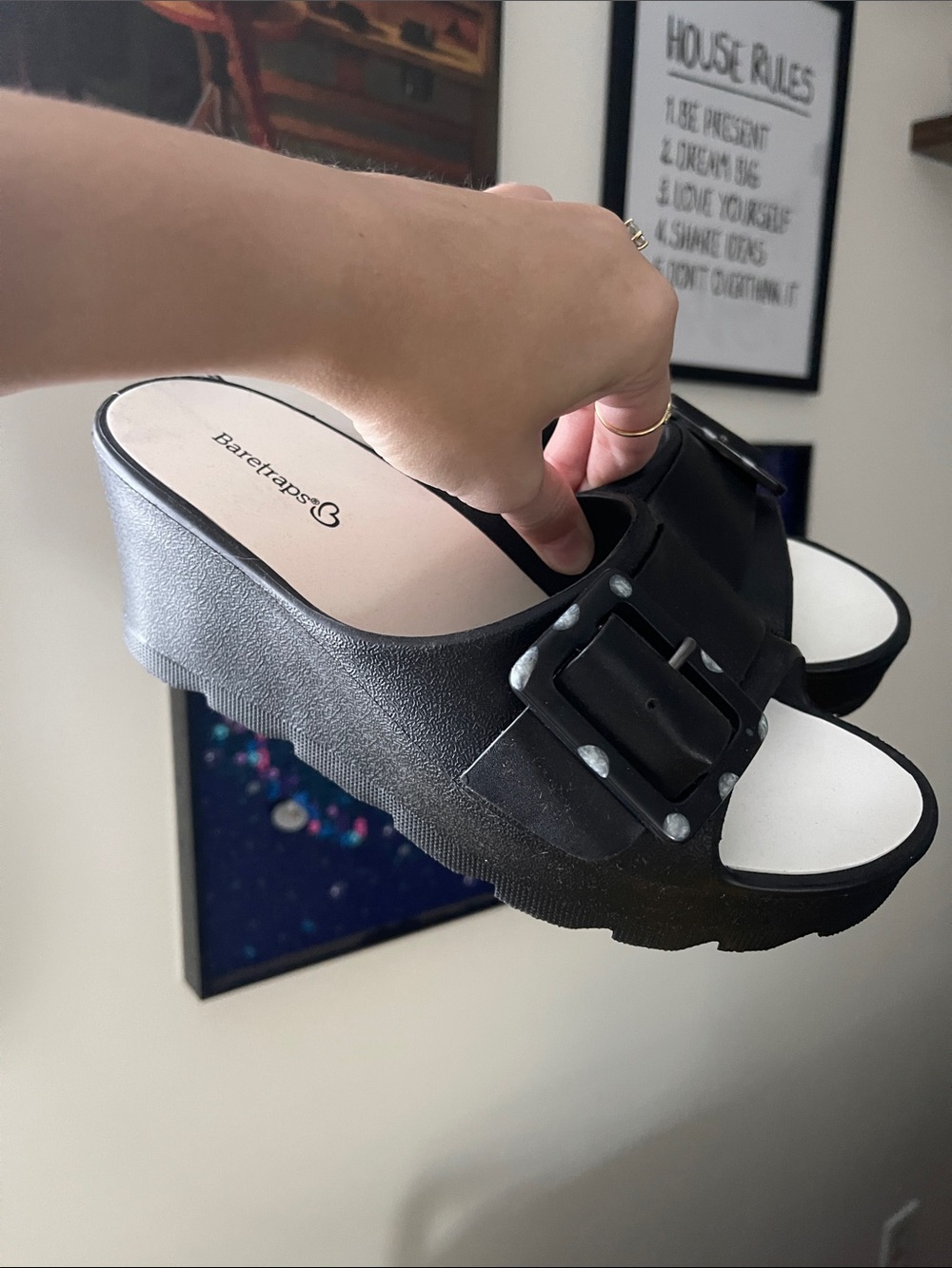 BareTraps Black Platform Buckle Slide Mules